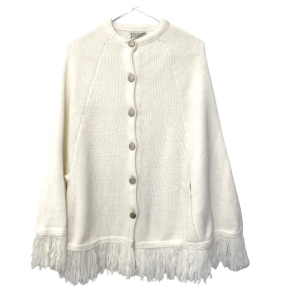 Candia Knitters Women's Poncho Fringe Sweater | White /Off White | Size M